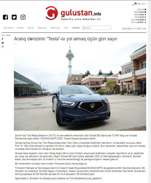 <p>GÜNSEL B9’un mühendislik ve tasarım açısından büyük ilgi uyandırdığı aktarılan haberde, GÜNSEL'in komşu ülkelere ve Türk ülkelerine ihraç edilmesinin beklendiği belirtildi. Kanal 8’in yanı sıra Azerbaycan’da başta Gulistan olmak üzere gazete ve internet sitelerinde de GÜNSEL’e yer verildi.</p>