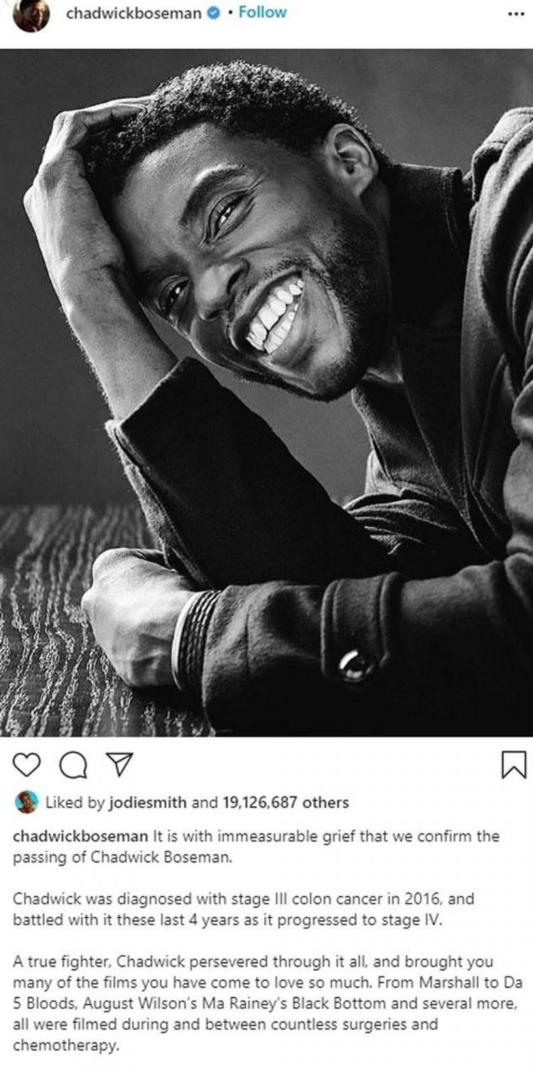 <p><em><strong>Chadwick Boseman</strong></em></p>

<p><em><strong>Beğeni sayısı: 19,113,392</strong></em></p>
