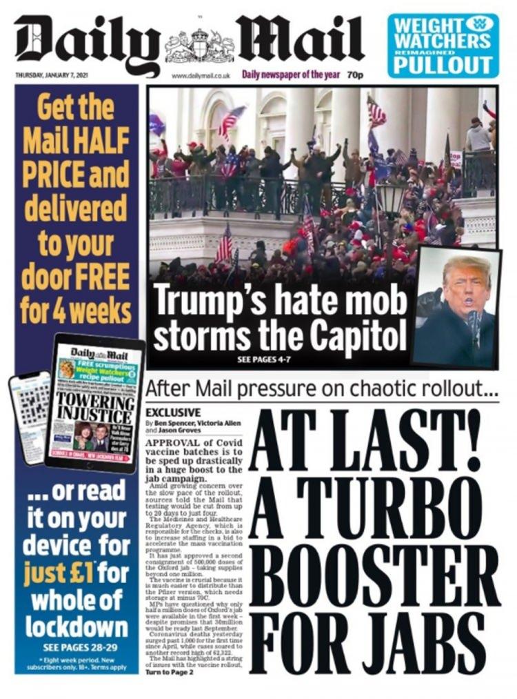 <p>İngiliz Daily Mail gazetesi işgali "Trump'ın nefret çetesi Kongre Binası'na hücum etti" ifadeleriyle manşetten gördü.</p>
