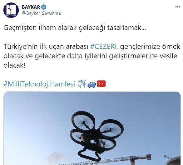 <p>BAYKAR'ın resmi Twitter hesabından, <strong>"Geçmişten ilham alarak geleceği tasarlamak... Türkiye'nin ilk uçan arabası Cezeri, gençlerimize örnek olacak ve gelecekte daha iyilerini geliştirmelerine vesile olacak!" </strong>açıklamasında bulunuldu.</p>
