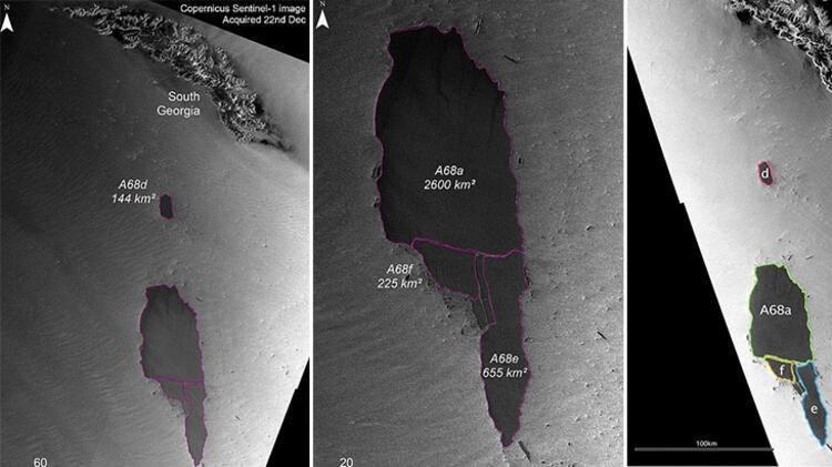 <p>Dünyanın en ünlü buzdağı sayılan A68a, Güney Georgia adasına doğru ilerleyişini sürdürüyor. Bir zamanlar birleşik bir buzdağı olan A68a'ya artık iki küçük parça (A68d ve A68e) eşlik ediyor. Uzmanlar bu iki küçük parçaya 'canavarın yavruları' diyor.</p>
