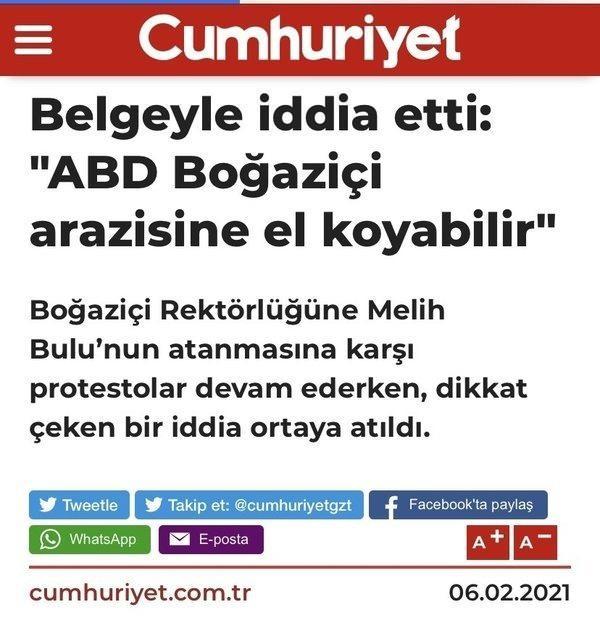 <p>Cumhuriyet Gazetesi'nde yayınlanan; "ABD, Boğaziçi Üniversitesi'ne el koyabilir" başlıklı haber siyasiler tarafından eleştirildi.</p>
