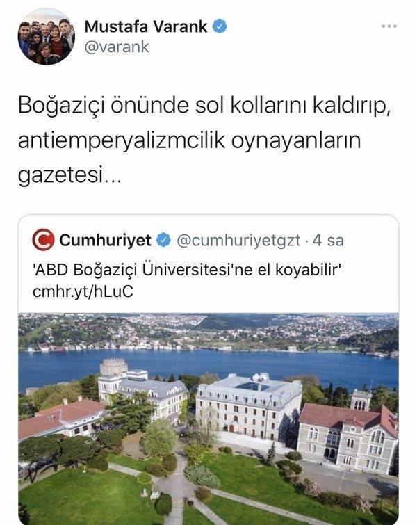 <p><strong>VARANK: "(CUMHURİYET); ANTİEMPERYALİZMCİLİK OYNAYANLARIN GAZETESİ"</strong></p>

<p>Sanayi ve Teknoloji Bakanı Mustafa Varank; Cumhuriyet Gazetesi'nin söz konusu haberini eleştirdi ve "Boğaziçi önünde sol kollarını kaldırıp, antiemperyalizmcilik oynayanların gazetesi..." ifadelerini kullandı.</p>
