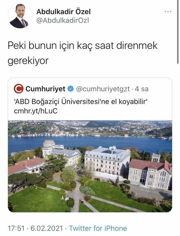 <p><strong>ÖZEL: "BUNUN İÇİN KAÇ SAAT DİRENMEK GEREKİYOR"</strong></p>

<p>AK Parti Hatay Milletvekili Abdülkadir Özel ise, Cumhuriyet Gazetesi'nin "ABD, Boğaziçi Üniversitesi'ne el koyabilir" başlıklı haberini alıntılayarak, "Peki bunun için kaç saat direnmek gerekiyor" diye sordu.</p>
