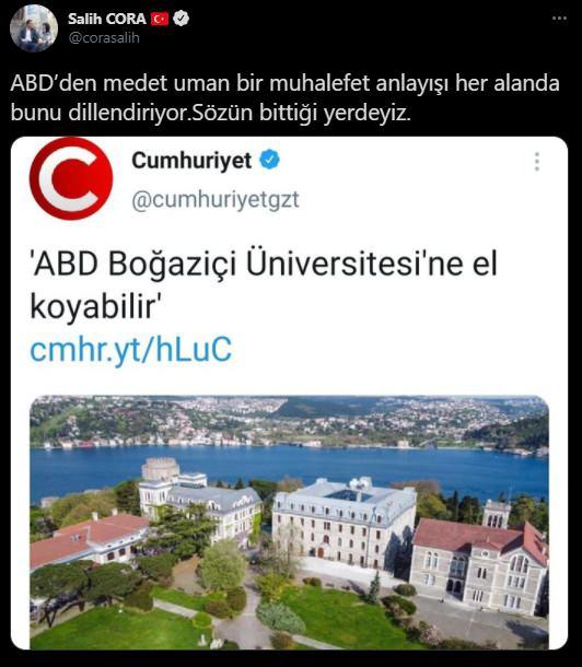 <p><strong>CORA: "ABD'DEN MEDET UMAN BİR MUHALEFET ANLAYIŞI</strong></p>
<p>AK Parti Trabzon Milletvekili Salih Cora da; "ABD'den medet uman bir muhalefet anlayışı her alanda bunu dillendiriyor. Sözün bittiği yerdeyiz" dedi.</p>