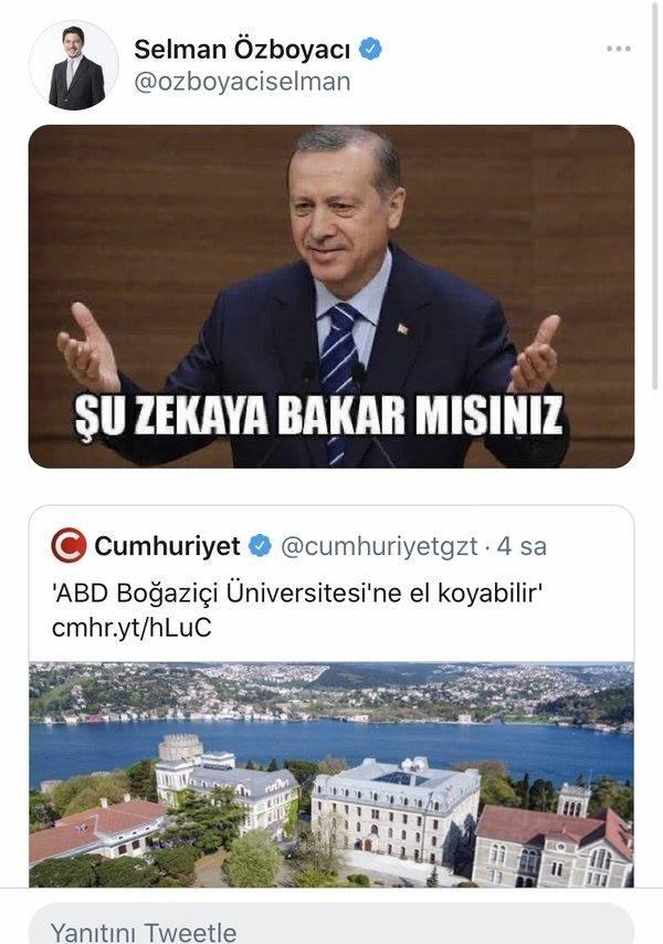 <p><strong>ÖZBOYACI: "ŞU ZEKAYA BAKAR MISIN?"</strong></p>
<p>AK Parti Konya Milletvekili Selman Özboyacı da; Cumhurbaşkanı Recep Tayyip Erdoğan'ın fotoğrafı üzerine yazılı "Şu zekaya bakar mısın?" fotoğrafı paylaştı.</p>