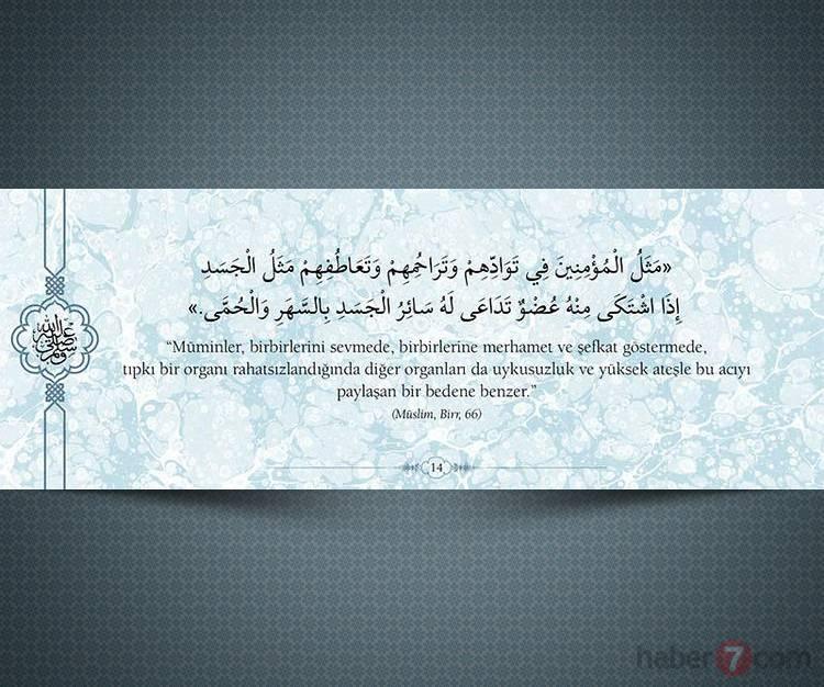 <p>"Müminler, birbirlerini sevmede, birbirlerine merhamet ve şefkat göstermede, tıpkı bir organı rahatsızlandığında diğer organları da uykusuzluk ve yüksek ateşle bu acıyı paylaşan bir bedene benzer."</p>

<p>(Müslim, Birr, 66)</p>

<p> </p>
