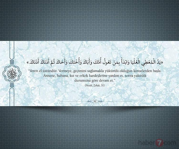 <p>"Veren el üstündür. Vermeye, geçimini sağlamakla yükümlü olduğun kimselerden başla. Annene, babana, kız ve erkek kardeşlerine yardım et, sonra yakınlık durumuna göre devam et."</p>

<p>(Nesai,Zekat,51)</p>
