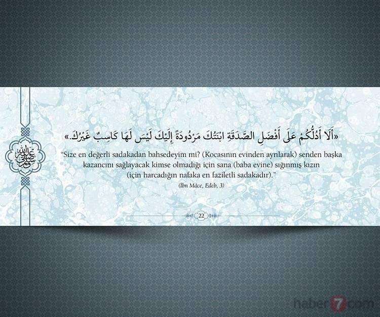 <p>Size en değerli sadakadan bahsedeyim mi? (Kocasının evinden ayrılarak) senden başka kazancını sağlayacak kimse olmadığı için sana (baba evine) sığınmış kızın (için harcadığın nafaka en faziletli sadakadır)."</p>

<p>(İbn Mace, Edeb,3)</p>

<p> </p>
