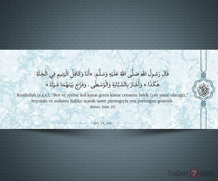 <p>Resûlullah(s.a.v.), "Ben ve yetime kol kanat geren kimse cennette böyle (yan yana) olacağız." buyurdu ve aralarını hafifçe açarak işaret parmağıyla orta parmağını gösterdi.</p>

<p>(Buhari, Talâk, 25)</p>
