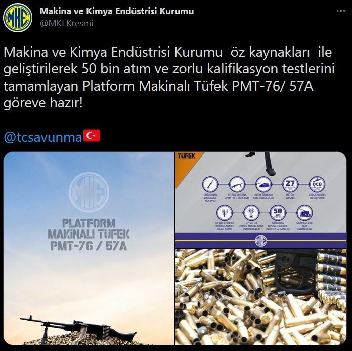 <p>MKE paylaşımında "Makina ve Kimya Endüstrisi Kurumu öz kaynakları ile geliştirilerek 50 bin atım ve zorlu kalifikasyon testlerini tamamlayan Platform Makinalı Tüfek PMT-76/ 57A göreve hazır!" ifadelerini kullandı.</p>