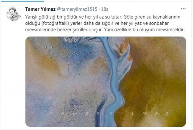 <p>Tamer Yılmaz sosyal medya hesabından fotoğrafı, "Yarışlı Gölü sığ bir göldür ve her yıl az su tutar. </p>