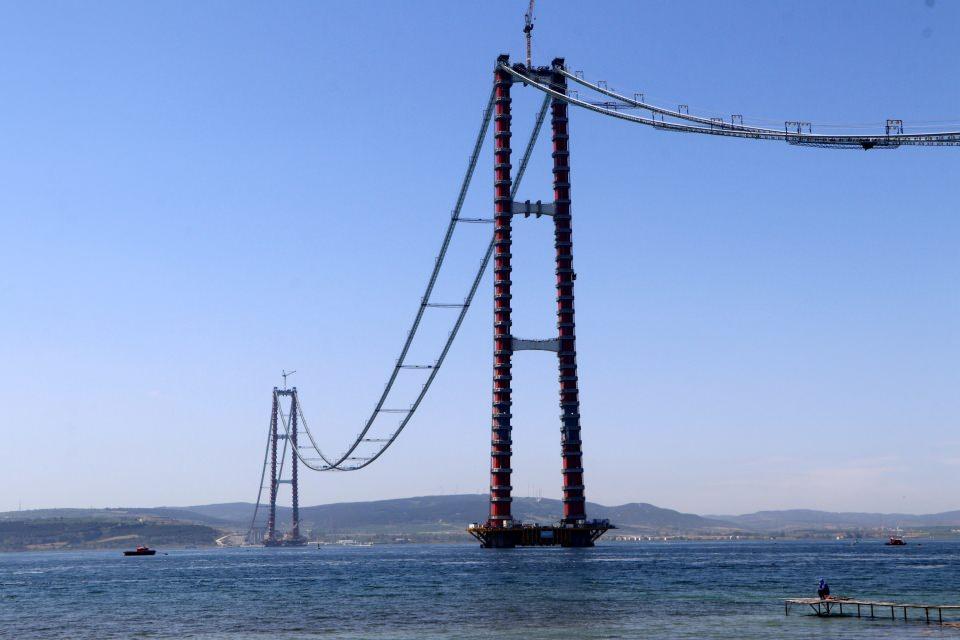 <p><strong>'DÜNYANIN ETRAFINI 4 KEZ DOLAŞACAK UZUNLUKTA TEL KULLANILACAK'</strong></p>
<p>1915 Çanakkale Köprüsü'nün ana halatlarını oluşturacak çelik kabloların her birinin içinde 126 tel bulunduğu belirtildi. Ana halatları oluşturmak için her biri 4 bin 330 metre uzunluğunda 296 çelik kablo çekileceği için toplamda yaklaşık 162 bin kilometre tel kullanılmış olacak. Çelik kablolarda kullanılan tel uzunluğunun, çevresi 40 bin 75 kilometre olan dünyanın etrafını 4 kez dolaşması anlamına geliyor. </p>
<p> </p>