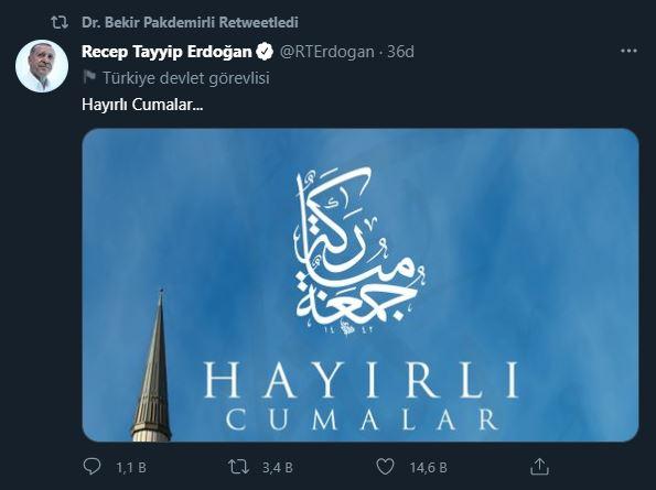 <p>​Tarım ve Orman Bakanı  Bekir Pakdemirli ile Aile ve Sosyal Hizmetler Bakanı Derya Yanık Cumhurbaşkanı Erdoğan'ın paylaştığı Cuma tebrik mesajını retweet etti.</p>
