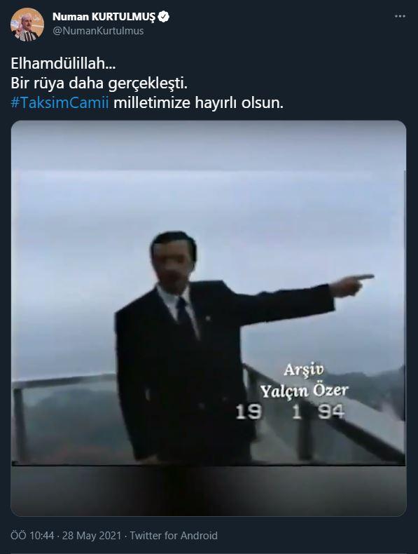 <p>AK Parti Genel Başkanvekili Numan Kurtulmuş:</p>

<p>Elhamdülillah... Bir rüya daha gerçekleşti. #TaksimCamii milletimize hayırlı olsun.<br />
 </p>
