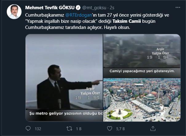 <p>İBB AK Parti Grup Başkanvekili Mehmet Tevfik Göksu:</p>

<p>Cumhurbaşkanımız<br />
@RTErdogan<br />
’ın tam 27 yıl önce yerini gösterdiği ve “Yapmak inşallah bize nasip olacak” dediği Taksim Camii bugün Cumhurbaşkanımız tarafından açılıyor. Hayırlı olsun.</p>
