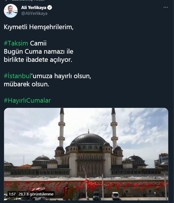 <p>İstanbul Valisi Ali Yerlikaya:</p>

<p>Kıymetli Hemşehrilerim, #Taksim Camii Bugün Cuma namazı ile birlikte ibadete açılıyor. #İstanbul’umuza hayırlı olsun, mübarek olsun. #HayırlıCumalar</p>
