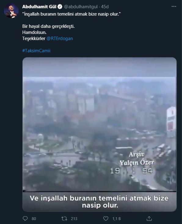 <p>Adalet Bakanı Abdülhamit Gül:</p>

<p>"İnşallah buranın temelini atmak bize nasip olur." Bir hayal daha gerçekleşti. Hamdolsun. Teşekkürler<br />
@RTErdogan<br />
#TaksimCamii</p>
