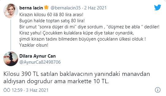 <p><span style="color:#000000"><strong>Bir başka kullanıcı ise Laçin'e cevap olarak, 'Kilosu 390 TL satılan baklavacının yanındaki manavdan aldıysan doğrudur ama markette 10 TL.' mesajını kullandı.</strong></span></p>
