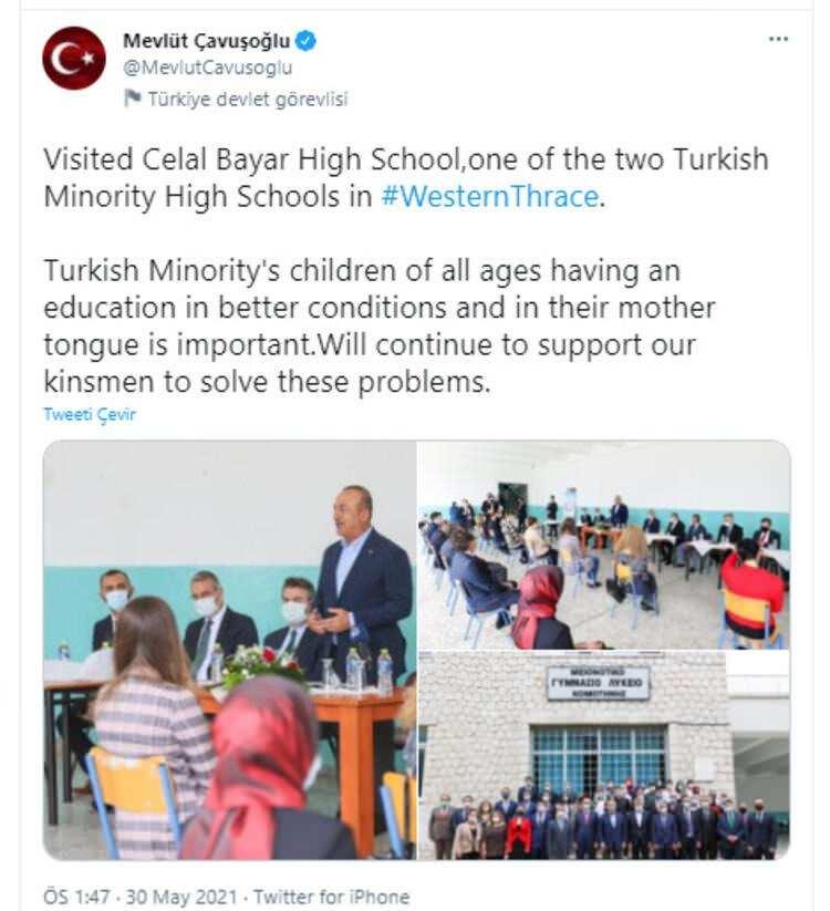 <p>Gümülcine ve İskeçe'deki ziyaretlerde Yunan tarafını en çok rahatsız eden ise, Dışişleri Bakanı Mevlüt Çavuşoğlu'nun paylaştığı Twitter mesajlarında 'Türk Azınlık-Turkish Minority' ifadesini kullanması oldu.</p>

<p> </p>
