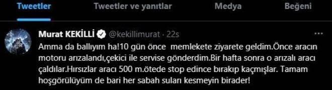 <p><strong>Bu arada, Kekilli aracının çalınması ve geri bulunasına twitter hesabından şöyle tepki verdi:</strong></p>