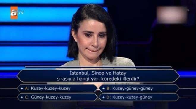 <p>Esma Erol, ünlü sunucu Kenan İmirzalıoğlu'nun yönelttiği 'İstanbul, Sinop ve Hatay sırasıyla hangi yarı küredeki illerdir?' sorusuna cevap aradı.</p>
