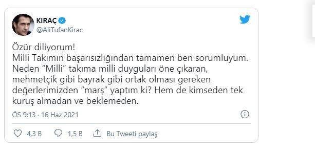 <p><span style="color:#0000CD"><strong>Kıraç'ın paylaşımı şöyle;"Özür diliyorum! Milli takımın başarısızlığından tamamen ben sorumluyum. Neden 'milli' takıma milli duyguları öne çıkaran, Mehmetçik gibi bayrak gibi ortak olması gereken değerlerimizden "marş" yaptım ki? Hem de kimseden tek kuruş almadan ve beklemeden.</strong></span></p>
<p> </p>