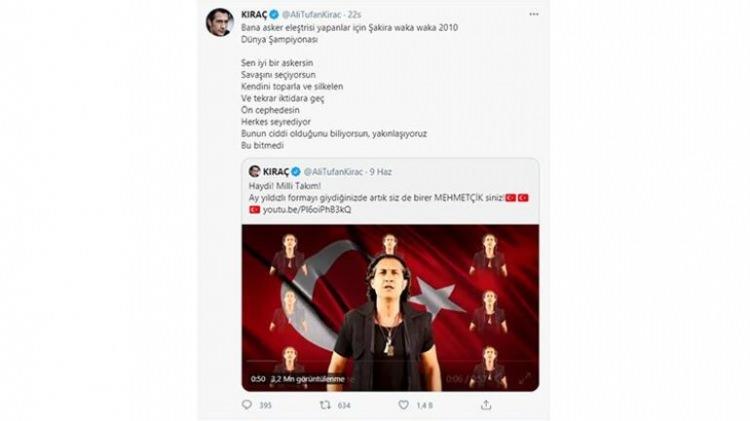 <p><span style="color:#0000CD"><strong>Ayrıca Kıraç, 2010 Dünya Kupası'nda Shakira'nın seslendirdiği 'Waka Waka' şarkısının sözlerini paylaşarak kendini savundu.</strong></span></p>
<p> </p>