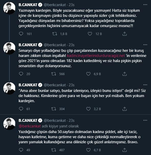 <p>İzlenmesi için yazılan bu senaryolar hakkında "Yazdığınız çöpün daha 50.sayfası dolmadan kadına şiddet, aile içi taciz, hayvan katletme, kuma getirme ve daha nice çirkinliği normalleştirerek o yarım yamalak kullandığınız ana dilinizle çok güzel anlatmışsınız. Bravo. Yazmayın kardeşim. Böyle yazacaksanız eğer yazmayın! Senaryo diye yolladığınız bu çöp parçalarından kazanacağınız her bir kuruş haram zıkkım olsun inşallah!" ifadelerini kullandı. </p>
