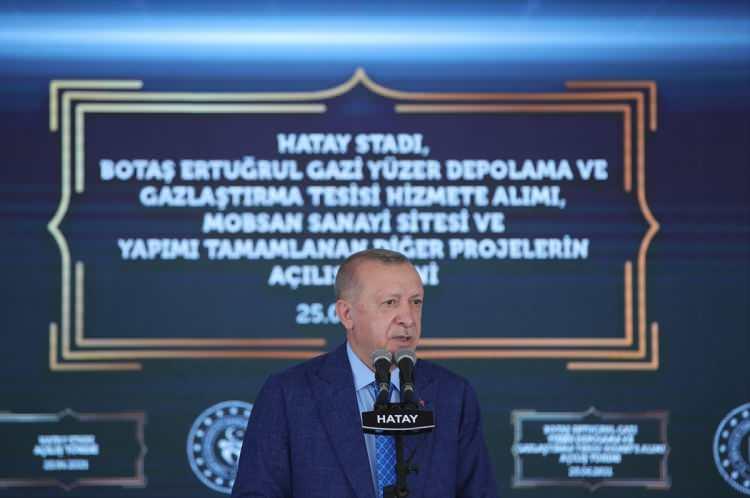 <p>Türkiye Cumhurbaşkanı Recep Tayyip Erdoğan, Hatay Stadı, BOTAŞ Ertuğrul Gazi Yüzer Depolama ve Gazlaştırma Tesisi Hizmete Alımı, MOBSAN Sanayi Sitesi ve yapımı tamamlanan diğer projelerin açılış törenine katıldı.</p>

<p> </p>
