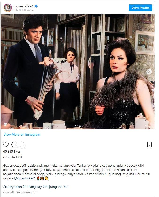 <p><span style="color:#000000"><strong>Sosyal medyadan paylaşımda bulunan Arkın "Gözler göz değil gözistandı, memleket türküsüydü. Türkan o kadar alçak gönüllüdür ki, çocuk gibi darılır, çocuk gibi sevinir. Çok büyük aşk filmleri çektik birlikte. Genç kadınlar, delikanlılar özel hayatlarında bizim gibi sevip, bizim gibi aşık oluyorlardı. Ve kendisinin bugün doğum günü nice mutlu yaşlara" dedi.</strong></span></p>
