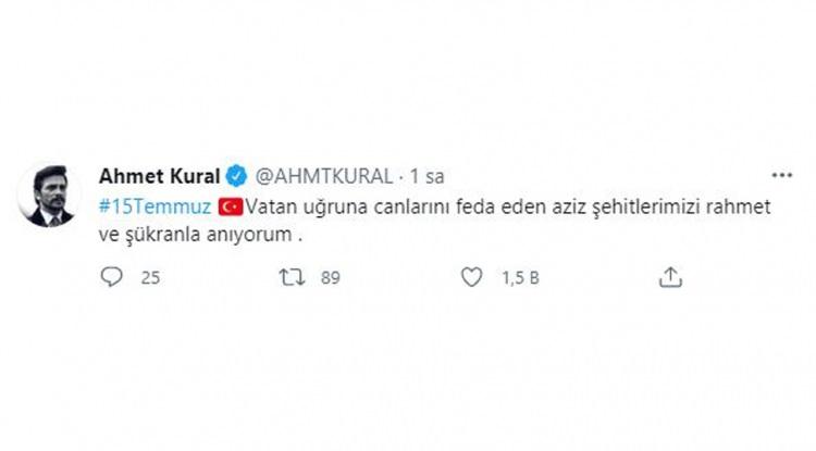 <p><strong><span style="color:#FF0000">AHMET KURAL</span><br />
<span style="color:#0000FF">"Vatan uğruna canlarını feda eden aziz şehitlerimizi rahmet ve şükranla anıyorum."</span></strong></p>