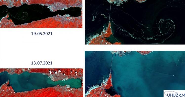 <p>İstanbul Teknik Üniversitesi (İTÜ) Uydu Haberleşme ve Uzaktan Algılama Uygulama ve Araştırma Merkezi (UHUZAM), Marmara Denizi'nde ortaya çıkan müsilajın (deniz salyası) temizlendiğini uzaydan da görüntüledi. Uydu görüntülerinde, Osmangazi Köprüsü ve çevresinde farklı tarihlerdeki müsilaj yoğunluğu yer aldı.</p>
