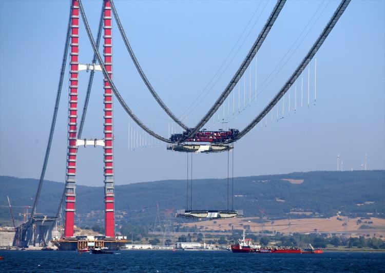 <p>Her biri 45 metre genişliğinde, 48 metre uzunluğundaki mega tabliye blok montajlarının tamamlanmasıyla köprünün geçiş yolu kullanıma hazır hale gelmiş olacak.</p>
<p>Çanakkale Boğazı, toplamda 6 saat sürecek üçüncü tabliye montajı çalışması nedeniyle güney yönden 15, kuzey yönden ise 13 saat transit gemi geçişlerine kapalı kalacak.</p>
<p> </p>