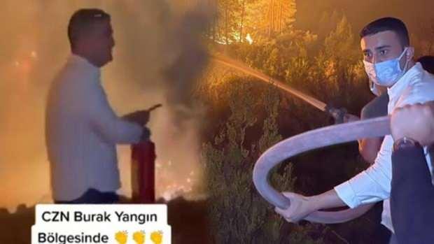 <p><span style="color:#B22222"><strong>Antalya'daki yangın söndürme çalışmalarında CZN Burak adıyla tanınan işletmeci Burak Özdemir ise eline aldığı yangın tüpüyle ateşe doğru yürüdü. Bu sırada etrafa şaşkın ve ürkek bakışlar attı. "Elimden geleni yapacağım" diyen CZN Burak bilinçsizce hareket ettiği için eleştiri aldı.</strong></span></p>