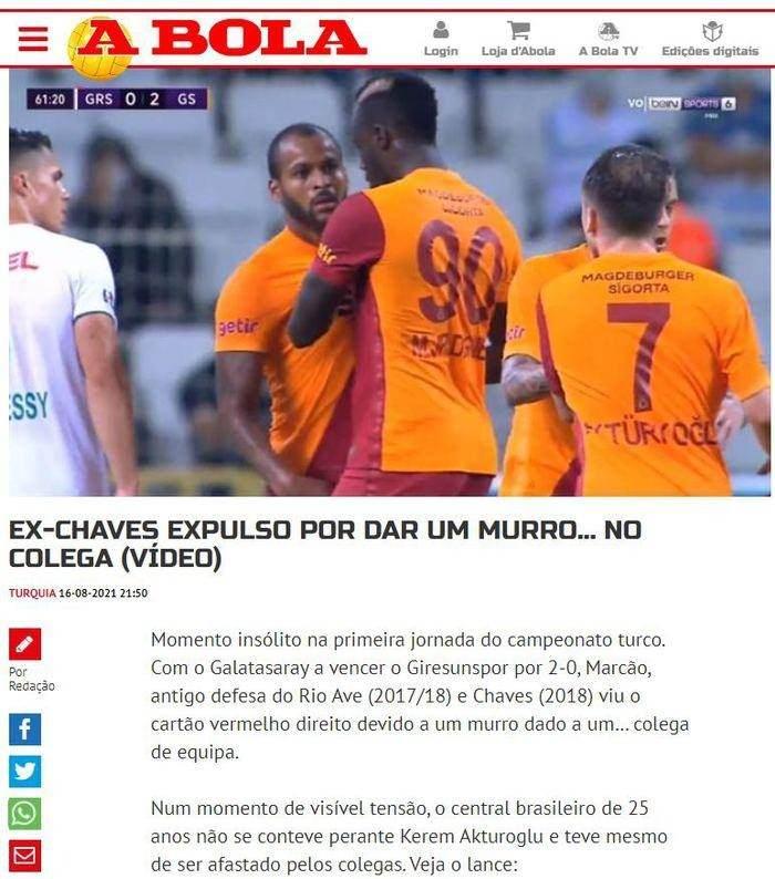 <p>A Bola - Portekiz</p>
<p>"Eski Chaves'li takım arkadaşına yumruk attıktan sonra kırmızı kart gördü"</p>