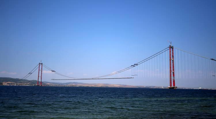 <p>İki ayak aralığına ilaveten 770'er metre yan açıklıklar, 365 ve 680 metrelik yaklaşım viyadükleriyle Çanakkale Boğazı'nın ilk asma köprüsünün uzunluğu 4 bin 608 metreyi bulacak.</p>
<p> </p>