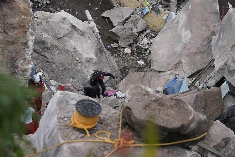 <p>Kayaların altında kalan evlerin enkazları köpeklerle aranıyor. Topos Mexico K-9 veya bir diğer adıyla Mexico Moles K-9 kurtarma ekibinden Alan Hernandez, "Görüntü dehşet verici" ifadesini kullandı.</p>