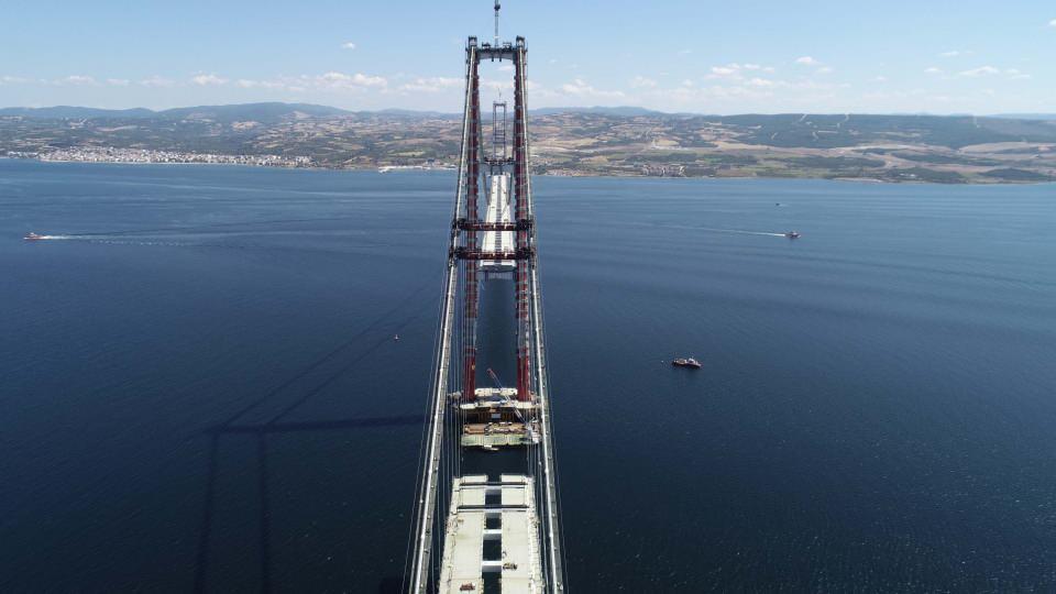 <p><strong>66'NCI TABLİYE BLOKUNUN MONTAJI YAPILDI</strong></p>
<p>1915 Çanakkale Köprüsü'nde araçların geçeceği yolu toplam 87 tabliye bloku oluşturacak. 2023 metrelik orta açıklıkta 36 tabliye blokunun, 770'er metre olan kenar açıklıklarda ise Avrupa yakasında 16, Asya yakasında 14 tabliye blokunun montajı tamamlandı.</p>