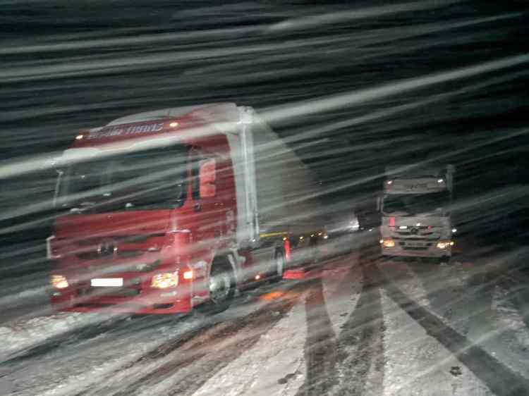 <p>Ardahan-Çıldır kara yolunun Ölçek köyü mevkisinde ise bir tır, kar nedeniyle yoldan kayarak yan yattı.</p>