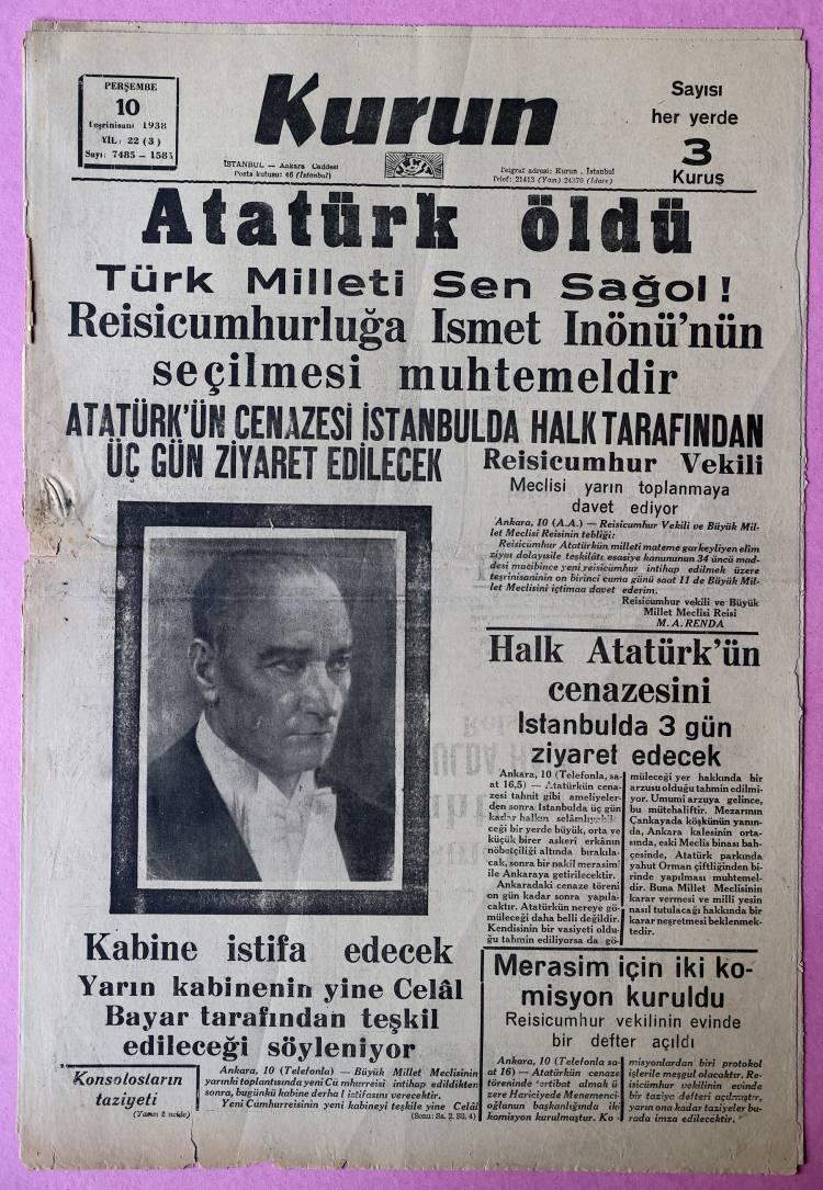<p>Türkiye Cumhuriyeti'nin kurucusu Büyük Önder Mustafa Kemal Atatürk'ün 10 Kasım 1938'de ebediyete intikalini, gazeteler yıldırım baskılarla halka duyurdu, büyük acı, duygu yüklü sözlerle manşetlerine taşındı.</p> 