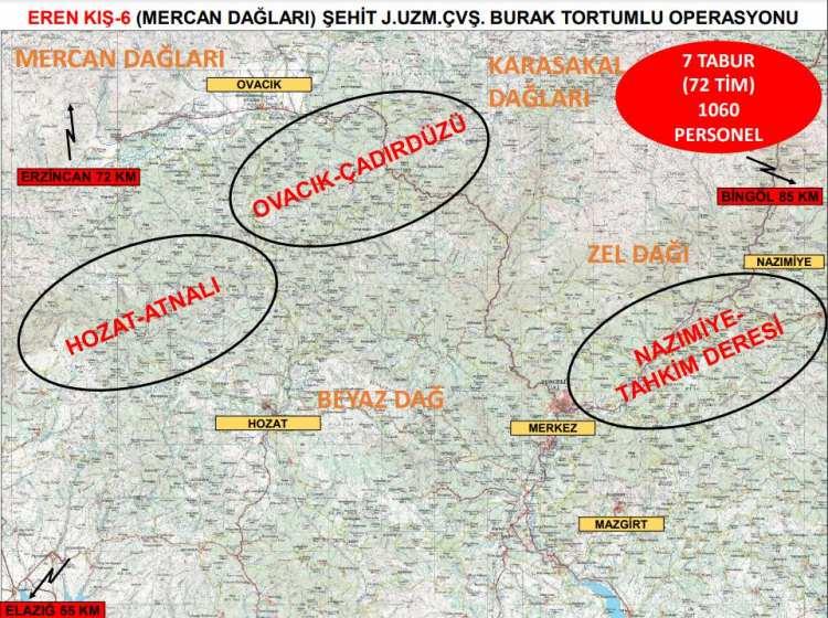 <p>Bakanlıktan yapılan açıklamada, terör örgütü PKK'yı ülke gündeminden çıkarmak ve bölgede barındığı değerlendirilen teröristleri etkisiz hale getirmek amacıyla Tunceli'de "Eren Kış-6 (Mercan Dağları) Şehit Jandarma Uzman Çavuş Burak Tortumlu Operasyonu"nun başlatıldığı kaydedildi.</p>

