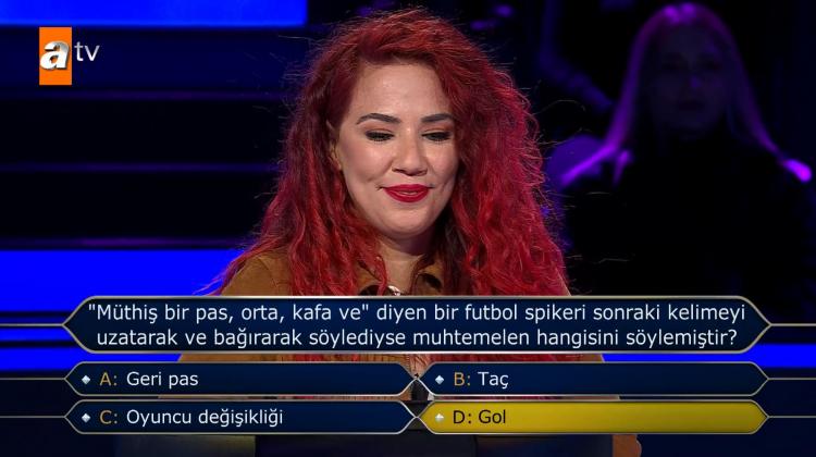 <p><span style="color:#800080"><strong>Futbol sorusunda da "Gol" cevabını veren yarışmacı, izleyenlerin dikkatini çekti.</strong></span></p>
