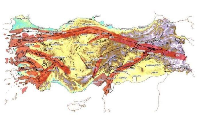 <p><strong>"TÜRKİYE'NİN YÜZDE 30'UNDA YIKICI DEPREM RİSKİ VAR"</strong><br />
<br />
Ülkemizde deprem sarsıntısı tehlikesine sahip alanların büyüklüğü 250.000 kilometrekaredir. Bu ise tüm ülke yüzölçümü ile kıyaslanırsa yaklaşık % 30'a karşılık gelir. Özetle, tüm Türkiye deprem tehdidi altındadır; ancak ülkenin % 30'u yıkıcılığı yüksek deprem tehlikesi altındadır.<br />
<br />
<em><strong>Kırmızı ile gösterilen alanlar Türkiye Deprem Tehlike Haritası'na göre 50 yılda aşılma olasılığının % 10 olduğu depremde 0.3 g ve daha yüksek ivmeler ile sarsılması beklenen alanları, siyah hatlar ise diri fayları gösteriyor.</strong></em></p>
