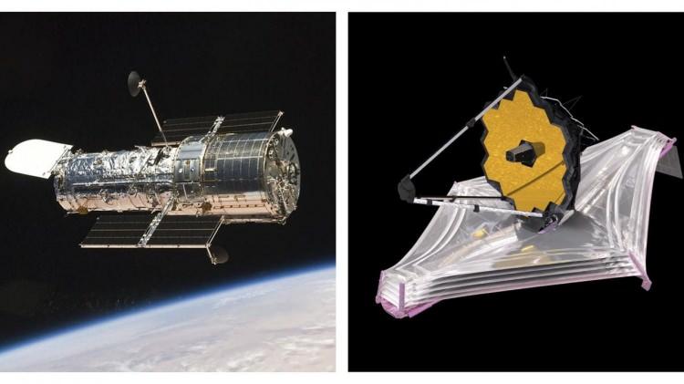 <p>Hubble Teleskobu solda/ James Webb sağda</p>

<p>Son teknolojiyle geliştirilen teleskop, 1990`dan beri yörüngedeki görevini sürdüren ve çeşitli gök cisimlerinin eşsiz görüntülerini kaydeden emektar Hubble Uzay Teleskobu`nun yerini alacak.</p>
