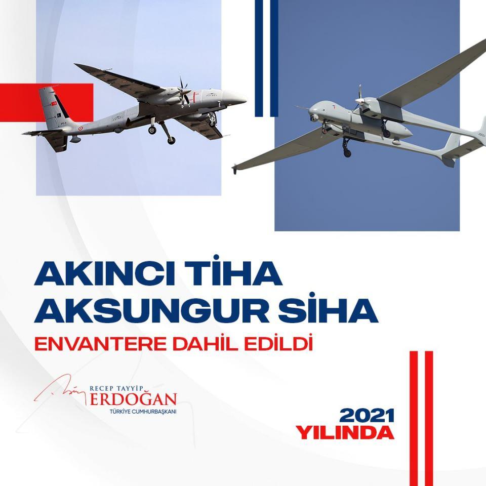 <p>Taarruzi insansız hava aracımız Akıncı ile Aksungur SİHA’yı envanterimize dâhil ettik. Bu teknolojide dünyanın en ileri 3 ülkesinden biri olduk.</p>
<p> </p>