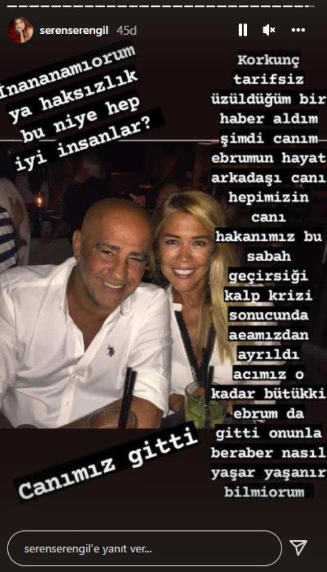 <p><span style="color:#A52A2A"><strong>"BÖĞÜRE BÖĞÜRE AĞLADIM"</strong></span></p>
<p><span style="color:#000000"><strong>Bir paylaşım daha yapan Serengil, sözlerine şöyle devam etti: "Ebru benim 23 yıldır danışmanım, zamanla kardeşim oldu... Hiç ayrılmadık her şeyimle güvendiğim inandığım tek insandır. Üstüme titrer bir de onun Hakan'ı vardı 20 yıldır tek kendinden çok sevdiği Hakan'ı.. </strong></span></p>
