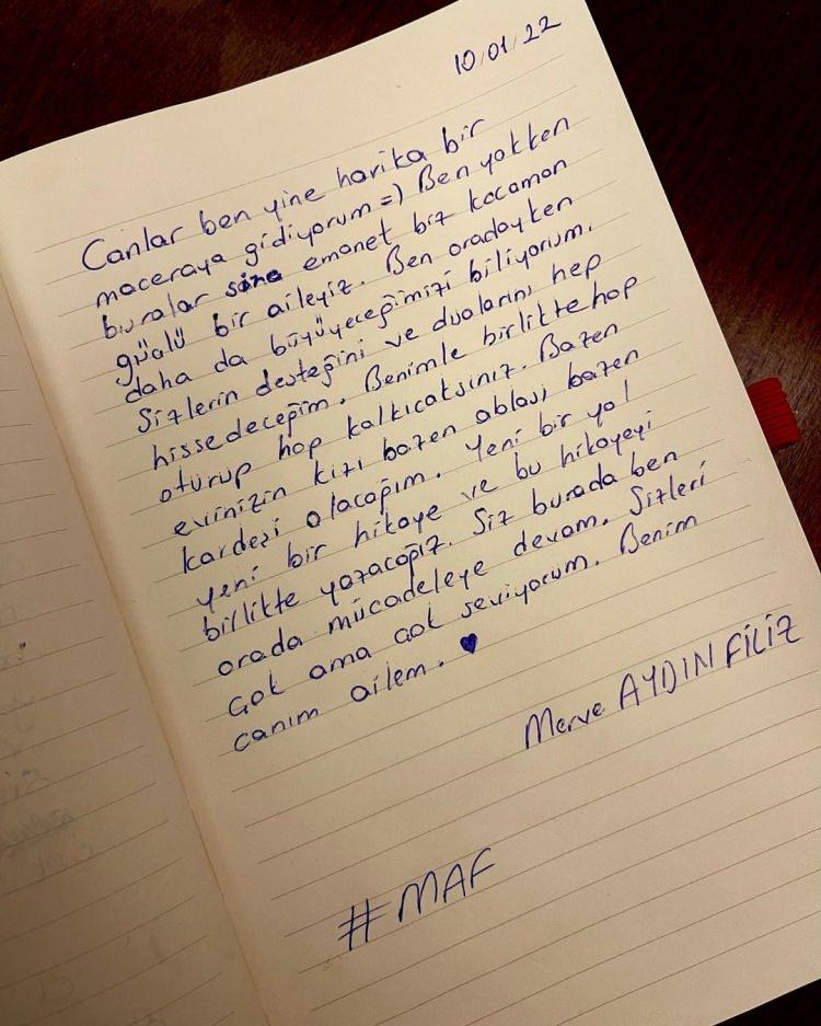 <p><span style="color:#800000"><strong>MERVE AYDIN</strong></span></p>
<p><em><span style="color:#800000"><strong>"Kocaman aileme sevgilerle"</strong></span></em></p>