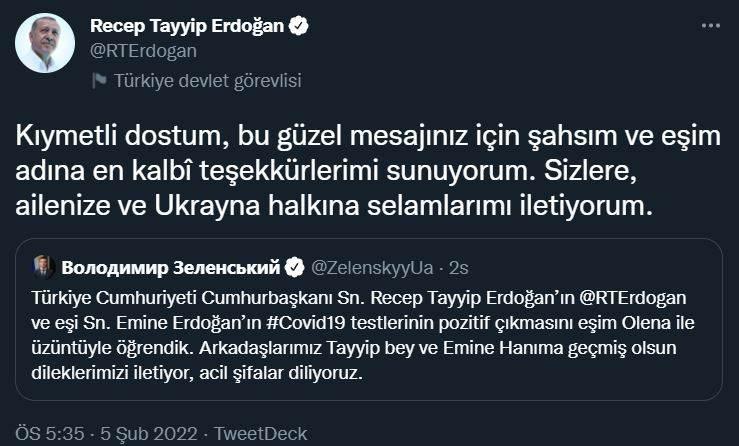 <p>Başkan Erdoğan'ın Ukrayna Cumhurbaşkanı Volodimir Zelenski'ye cevabı: Kıymetli dostum, bu güzel mesajınız için şahsım ve eşim adına en kalbî teşekkürlerimi sunuyorum. Sizlere, ailenize ve Ukrayna halkına selamlarımı iletiyorum.</p>

<p> </p>
