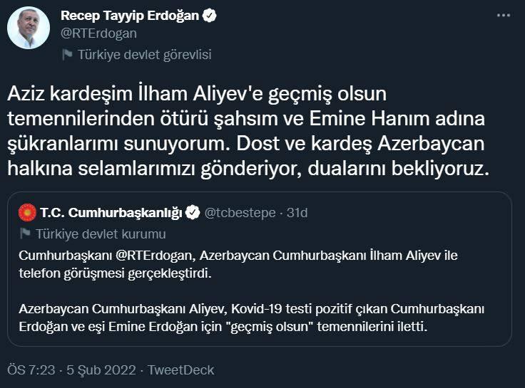 <p>İlham Aliyev'e teşekkür:<br />
Aziz kardeşim İlham Aliyev'e geçmiş olsun temennilerinden ötürü şahsım ve Emine Hanım adına şükranlarımı sunuyorum. Dost ve kardeş Azerbaycan halkına selamlarımızı gönderiyor, dualarını bekliyoruz.</p>
